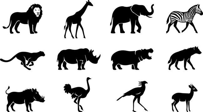 African safari animal vector silhouette set including lion elephant