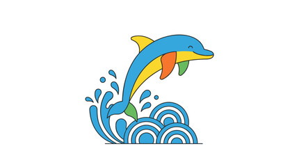 Flat design vector illustration of a happy blue dolphin leaping from stylized blue waves, with colorful accents © titin