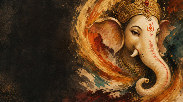 Lord Ganesha Portrait with Ornate Crown and Curved Trunk Surrounded by Warm Circular Forms