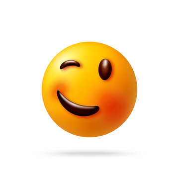Smiling winking 3D emoji face floats on white background with glossy orange yellow surface. One eye is closed, one eye stays open, and curved mouth gives playful friendly expression.