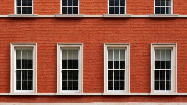 Red brick building facade with symmetrical white sash windows for architectural background and design texture, urban exterior pattern useful for poster and website banners