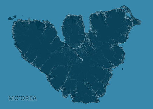Detailed dark blue island map of Mo'orea (Moorea) in French Polynesia, showcasing its heart-shaped volcanic coastline, Cook's Bay, Opunohu Bay, coastal ring road, and surrounding South Pacific Ocean