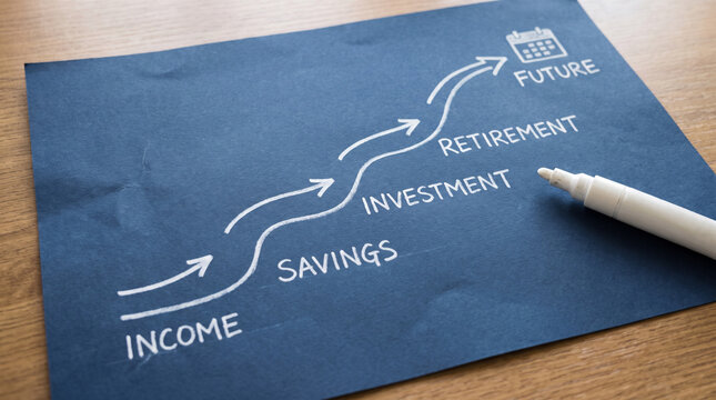 A roadmap of financial growth, illustrating the journey from income to future, with steps for savings, investment, and retirement