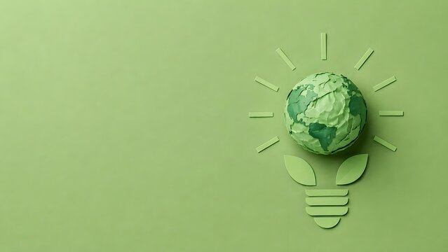 Papercraft lightbulb with crumpled paper earth globe and radiant rays on green background illustrating sustainable environmental ideas