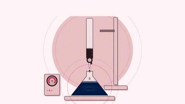 Abstract animated titration reaching its endpoint drawn as coral and magenta lines and shapes on a bright, clean light background. Seamless looping 4K motion graphics video with free space for text, i