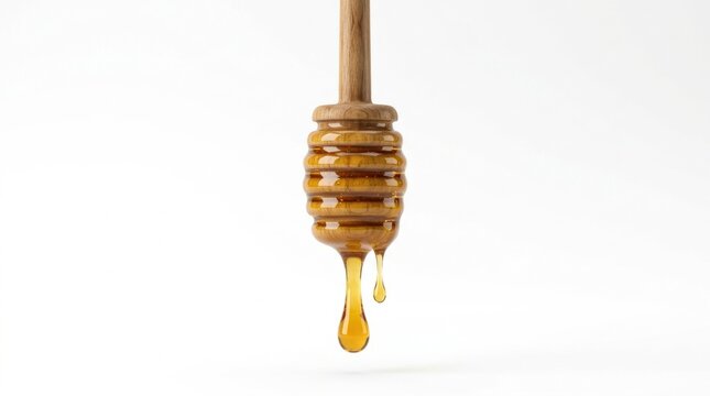 Honey dipper dripping honey, isolated on pure white background