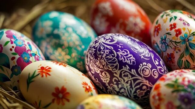 Floral Painted Egg Decorative Pattern Purple Easter Ornament with Colorful Basket Design