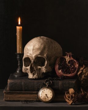 Still life with skull, old books, candle, pocket watch and pomegranate