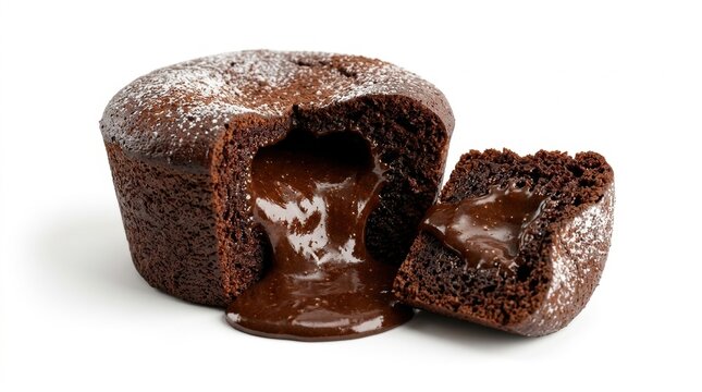 Molten chocolate cake cut open, isolated on pure white background