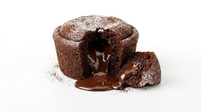 Molten chocolate cake cut open, isolated on pure white background