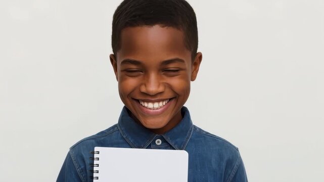 Smiling African Boy Holding Blank Spiral Notebook Against Neutral Studio Background