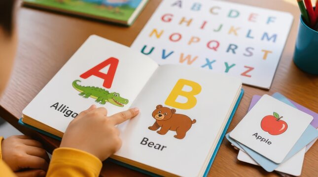 A young child's hand points to the letter 'A' in an alphabet book featuring animals like an alligator, alongside flashcards for learning early literacy skills and a colorful ABC chart