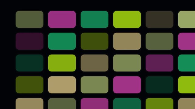 Seamless looping grid of rounded rectangles in alternating green, magenta, and olive tones forms a tech background.