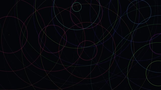 Seamless looping tech background with overlapping colorful circular lines on a dark canvas