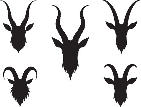 antelope and gazelle head silhouette set with curved horns vector illustration