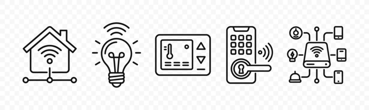 flat vector illustration line art icon bundle set design depicting smart home light bulbs security cameras and tech property symbols for automated residential website ui