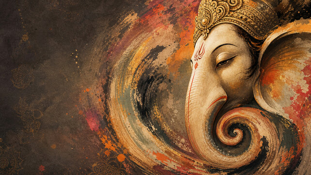 Side Profile of Lord Ganesha with Curled Trunk and Ornate Crown in a Swirling Composition