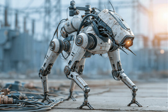 Bionic quadruped inspection robot navigating industrial substation with thermal sensors, cinematic blue and amber lighting, negative space for energy sector marketing and tech advertising.