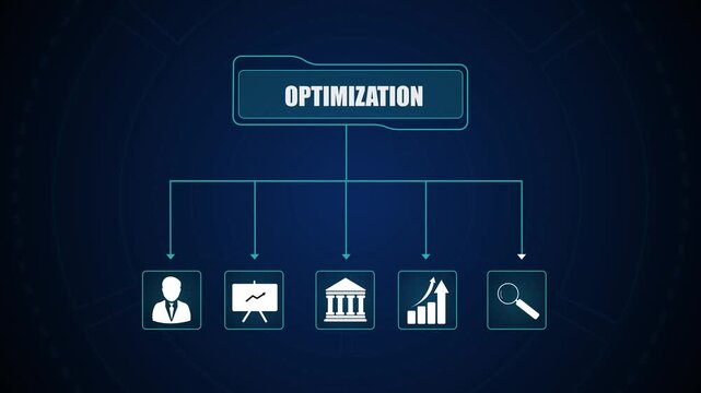 Business optimization hierarchy HUD flowchart animation, corporate process improvement loop, modern digital workflow visual data motion graphics