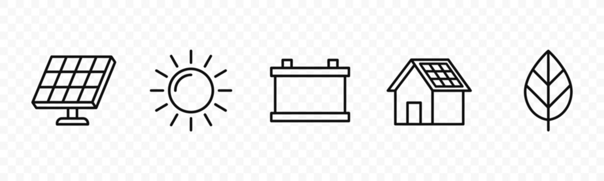 flat vector illustration line art icon bundle set design highlighting renewable solar power energy storage and sustainable home symbols for green environment apps ui