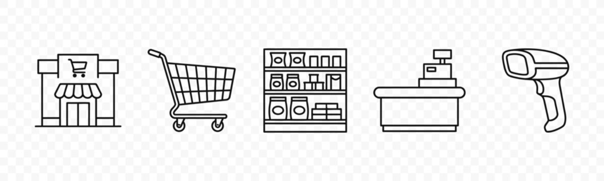 flat vector illustration line art icon bundle set design showcasing commercial retail storefronts shopping kiosks and market booth symbols for urban business app ui