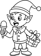Fototapeta premium Christmas elf holding a microphone and a gift box