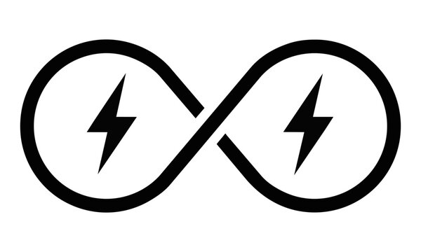 A minimalist black monoline icon of an infinity symbol with lightning bolts inside, isolated on white
