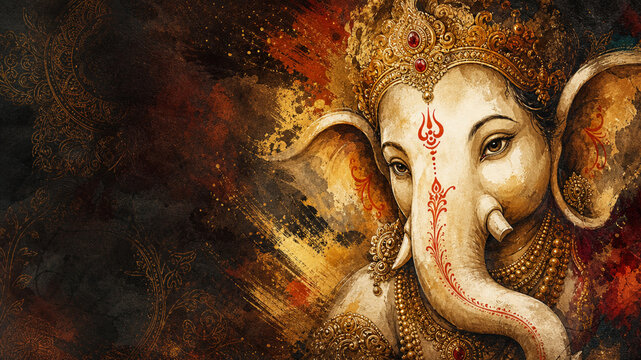Frontal Lord Ganesha Portrait with Ornate Crown and Curved Trunk in Warm Earthy Tones