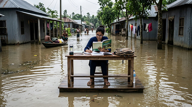 Young student studies at a desk in a flooded village street.