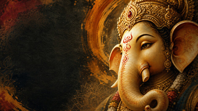 Lord Ganesha with Ornate Crown and Curled Trunk Against a Dark Warm Background