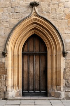 Gothic arched church doorway wooden entrance with layered stone archivolt and carved details for design, poster, background and architectural concept