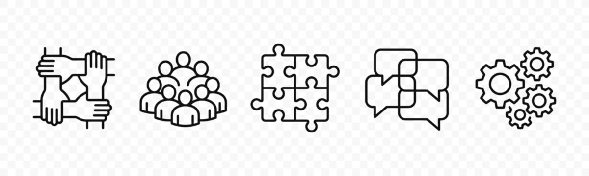 flat vector illustration line art icon bundle set design highlighting teamwork community partnership and collaboration puzzles for professional business networking apps