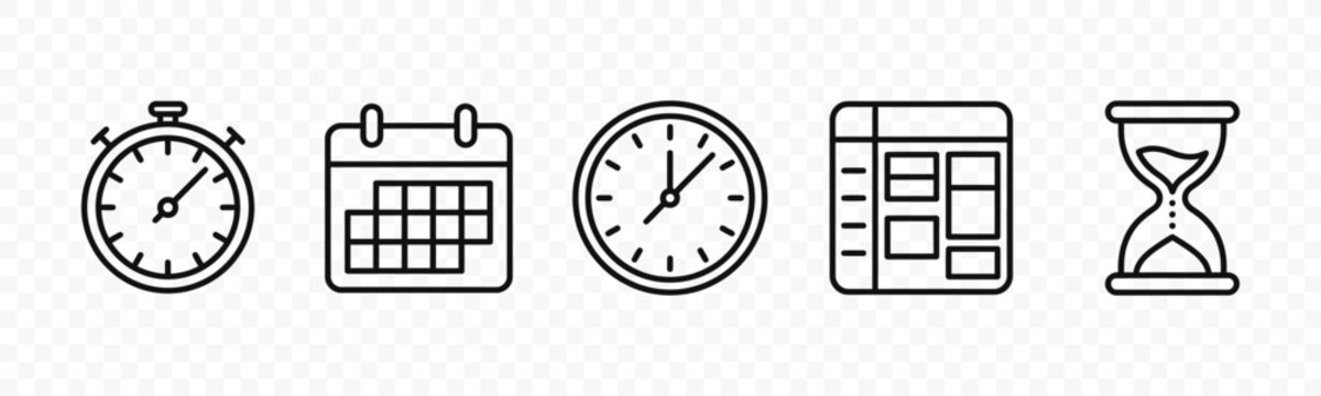 flat vector illustration line art icon bundle set design focused on time management clocks calendars and alarm symbols for business productivity and scheduling app ui