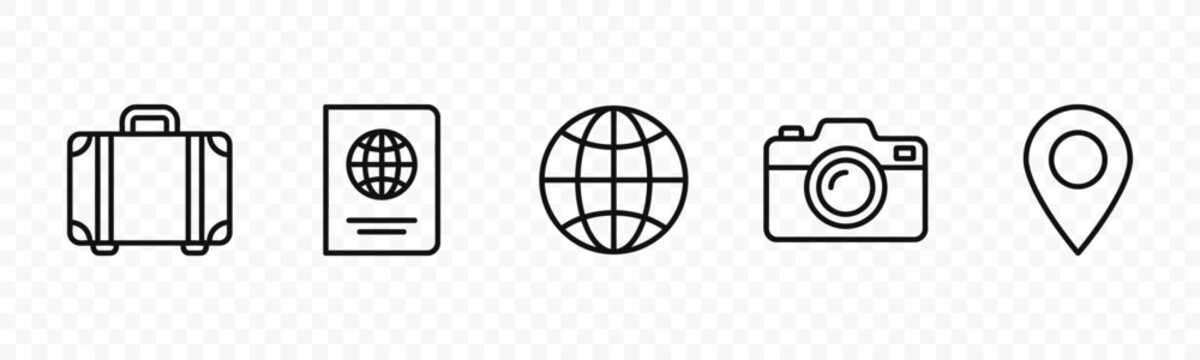 flat vector illustration line art icon bundle set design illustrating travel luggage suitcases passports and navigation symbols for international journey planning apps