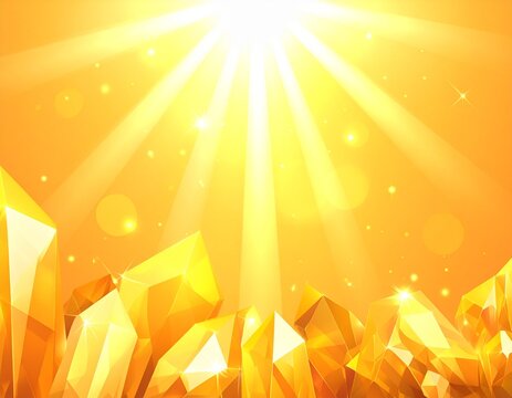 コピースペースのある温かい光の中で金色に輝くシトリンと黄水晶群、高級感あふれる黄金色のクリスタルクラスター背景素材  Copy space on warm glowing golden yellow crystal cluster background, transparent citrine quartz gemstone vector illustration