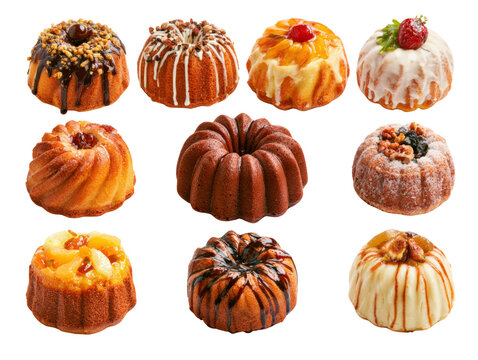 Bundt cake dessert pastry assortment isolated glaze topping displays varied flavor and decoration on transparent background