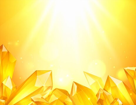 コピースペースのある温かい光の中で金色に輝くシトリンと黄水晶群、高級感あふれる黄金色のクリスタルクラスター背景素材  Copy space on warm glowing golden yellow crystal cluster background, transparent citrine quartz gemstone vector illustration