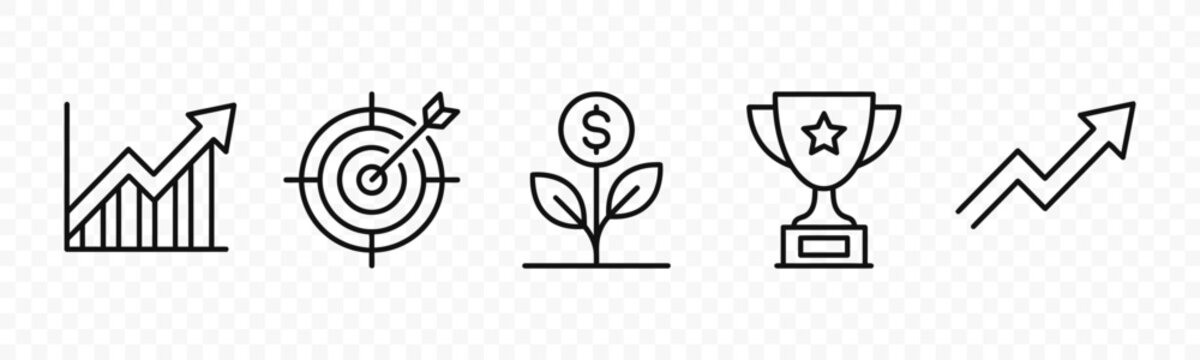 flat vector illustration line art icon bundle set design representing business growth marketing target and achievement symbols for professional corporate success ui ux