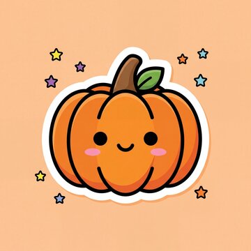 Cute orange pumpkin sticker with smiling face and green leaf surrounded by colorful stars for halloween scrapbooking and decoration.
