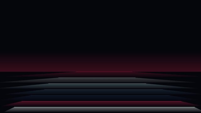 Seamless looping dark technological background with layered geometric platform and glowing red horizon