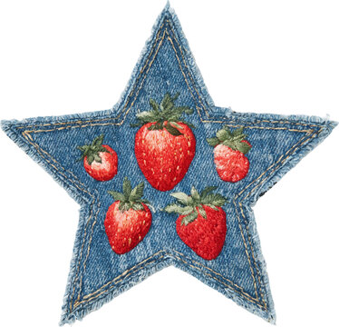 Denim star applique featuring vibrant strawberry embroidery, creating a rustic handcrafted patch with a vintage textile art style, isolated with a transparent background