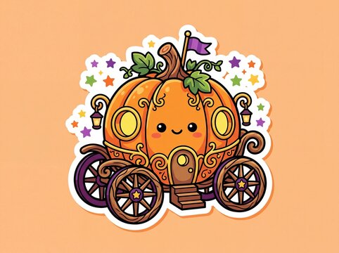 Cute ornate orange pumpkin carriage with purple wheels and decorative elements, surrounded by colorful stars for fairytale designs
