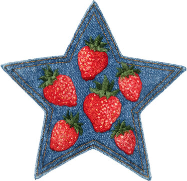 Denim star applique embroidered with multiple sweet strawberries, visible stitching and worn vintage charm on transparent background  perfect for fashion, craft, retro projects