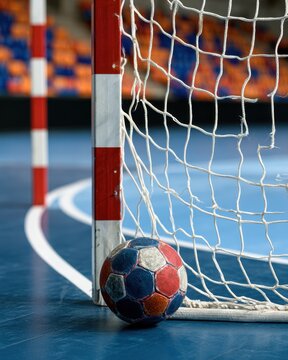 Handball goal and worn ball close up sports arena concept for design background poster and team promotion