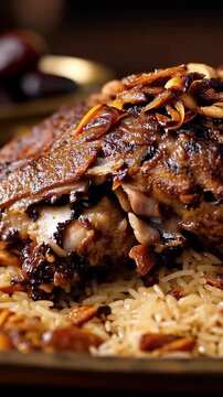 Roasted lamb on basmati rice with toasted almonds and caramelized onions on a brass platter, middle eastern mansaf kabsa festive feast