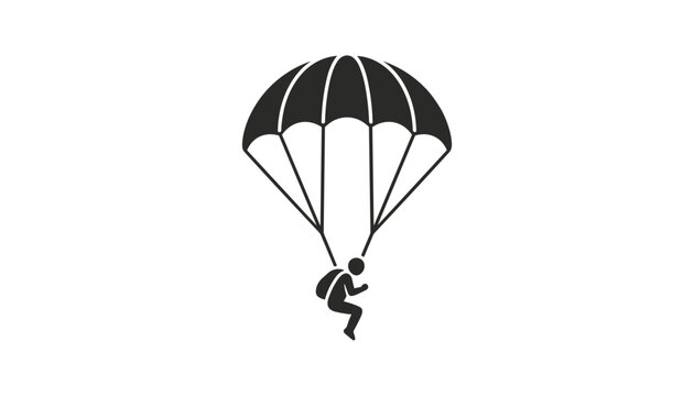 Minimalist black icon of a skydiver with an open parachute falling through the air on a white background.