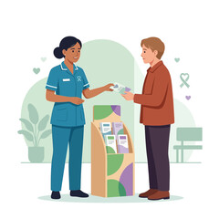 Obraz premium Nurse giving pamphlet to patient, healthcare information, awareness and support in clinic or hospital.