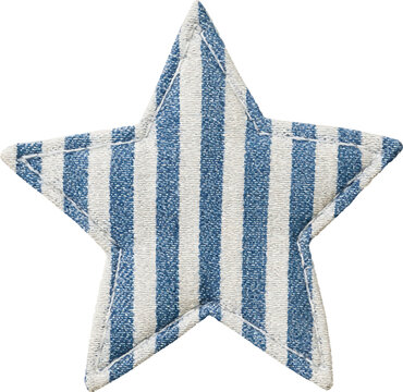 Striped denim star applique with white stitching, vintage handmade fabric patch for diy, clothing embellishment and retro decor, isolated on transparent background