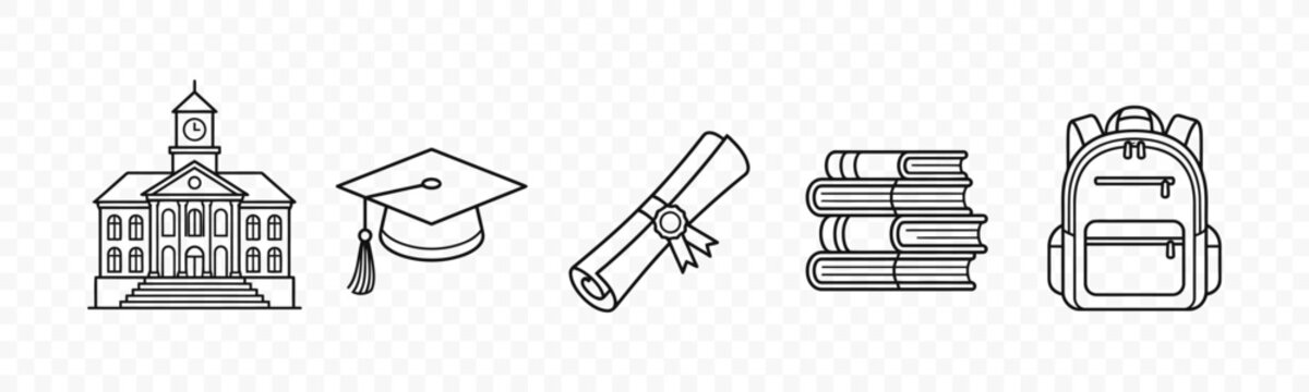flat vector illustration line art icon bundle set design showcasing school graduation symbols academic certificates and educational tools for university portal apps icons