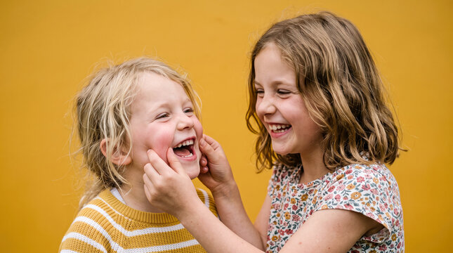 Two happy young girls laughing and playing, one gently squeezing the other's cheeks on a yellow background.